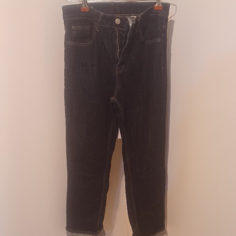 Zara Zip Fly Dark Denim Like New Extra Long Straight Leg Heavy Jeans 4